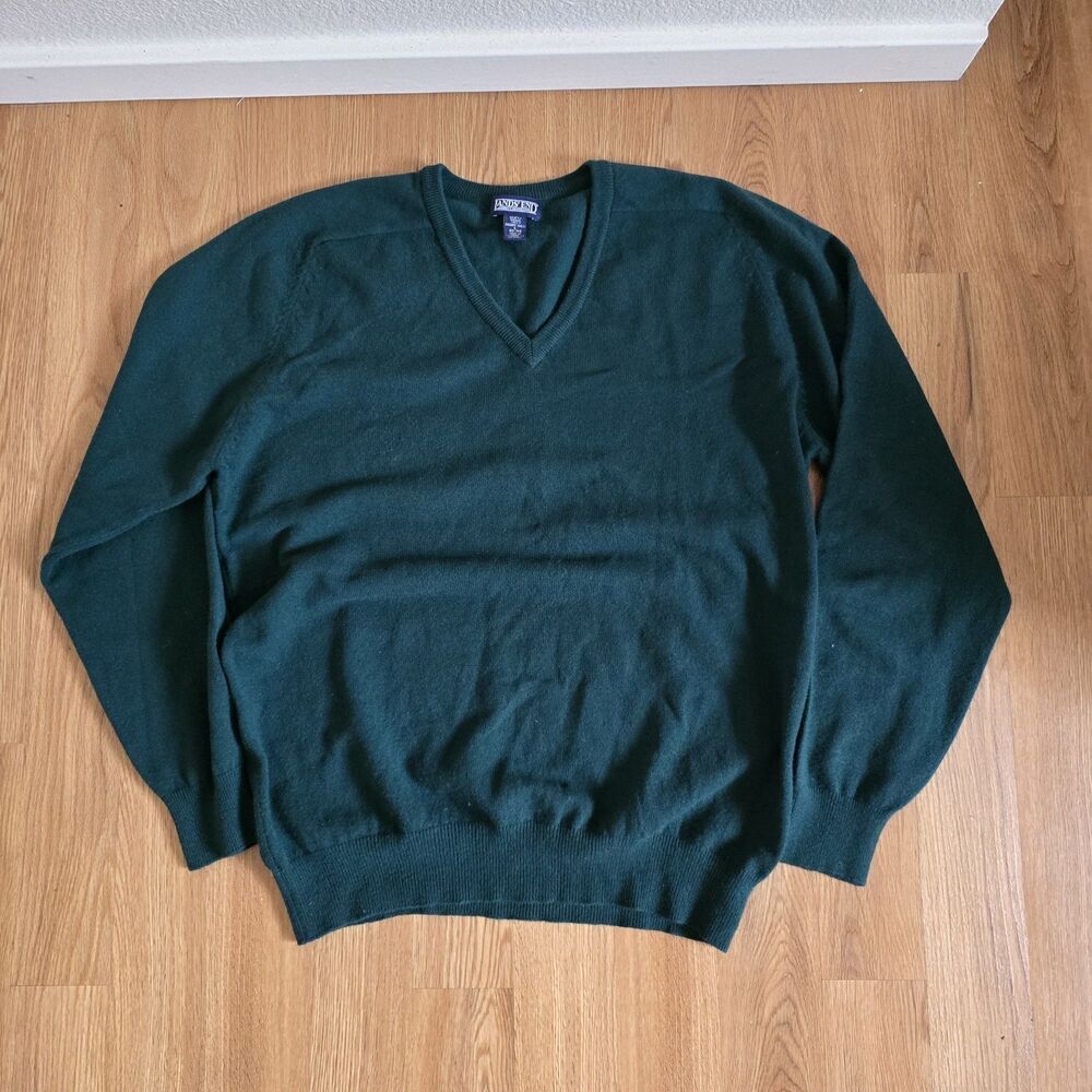 Lands End Cashmere Sweater Mens L Tall Green V Neck Pullover Minimalist Luxury